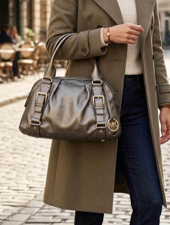 Michael Kors Handbags - Michael Kors Fulton Metallic Dark Grey Leather Top Handle Bowler Bag Pur…